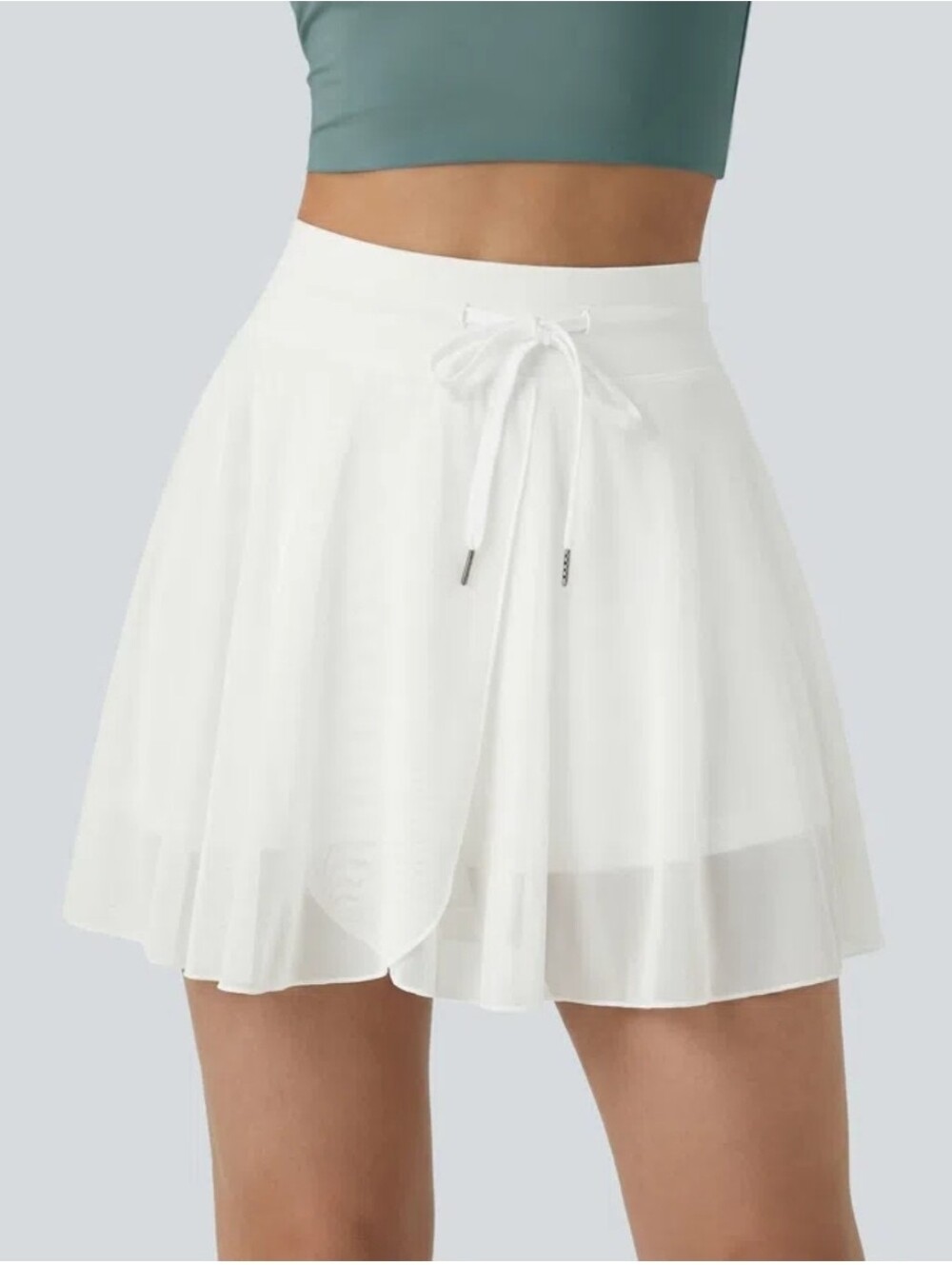 High Waisted Drawstring Contrast Mesh 2-in-1 Pocket Flowy Mini Flare Casual Skir